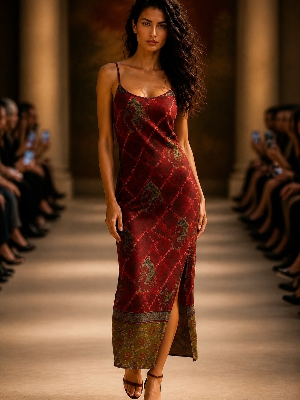 📣 Vintage Y2K Boho Oriental Maxi Slip Dress👗Wine Olive Intricate Paisley Small